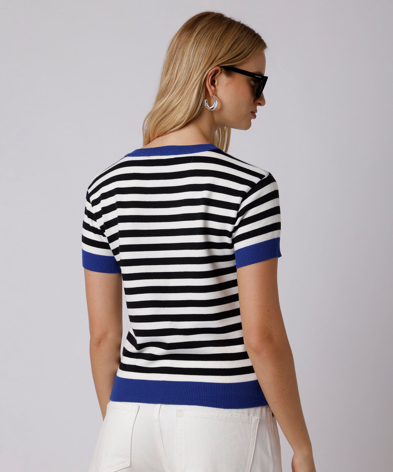 blusa feminina de tricot manga curta listrada mindset azul