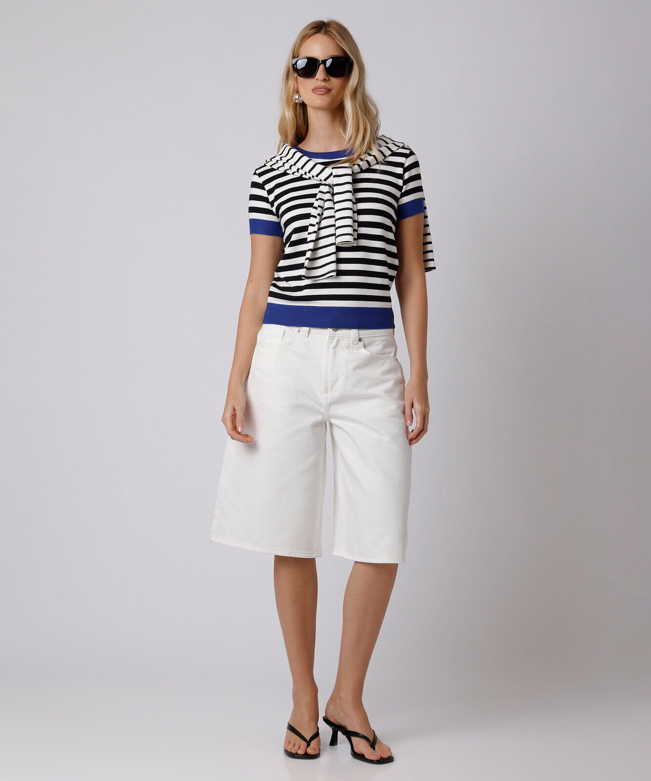 blusa feminina de tricot manga curta listrada mindset azul