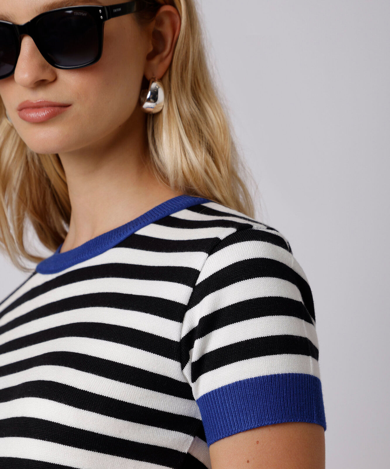 blusa feminina de tricot manga curta listrada mindset azul