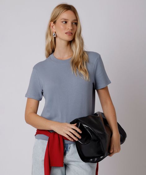 camiseta slim fit feminina de algodão manga curta mindset azul