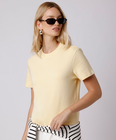 camiseta slim fit feminina de algodão manga curta mindset amarela