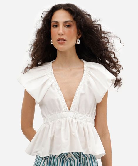 bata feminina decote v com babados off white