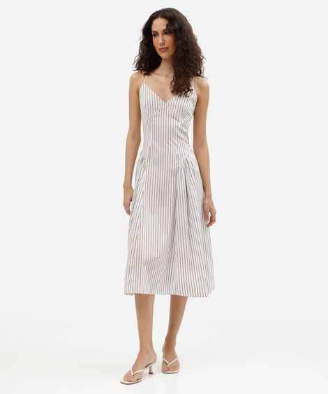 vestido midi feminino de algodão alça fina com recorte listrado  off white
