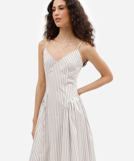 vestido midi feminino de algodão alça fina com recorte listrado  off white