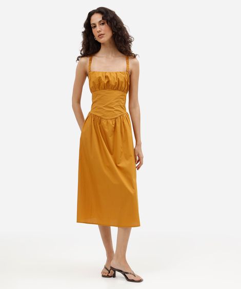 vestido midi feminino de algodão franzido amarelo