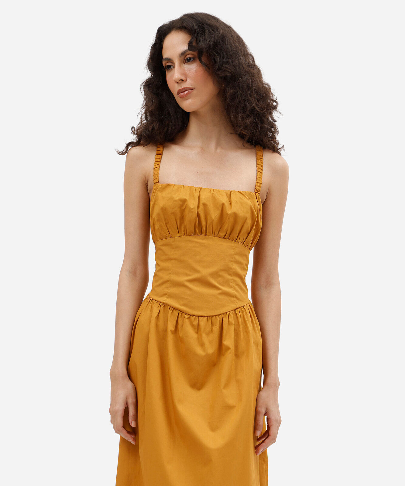 vestido midi feminino de algodão franzido amarelo