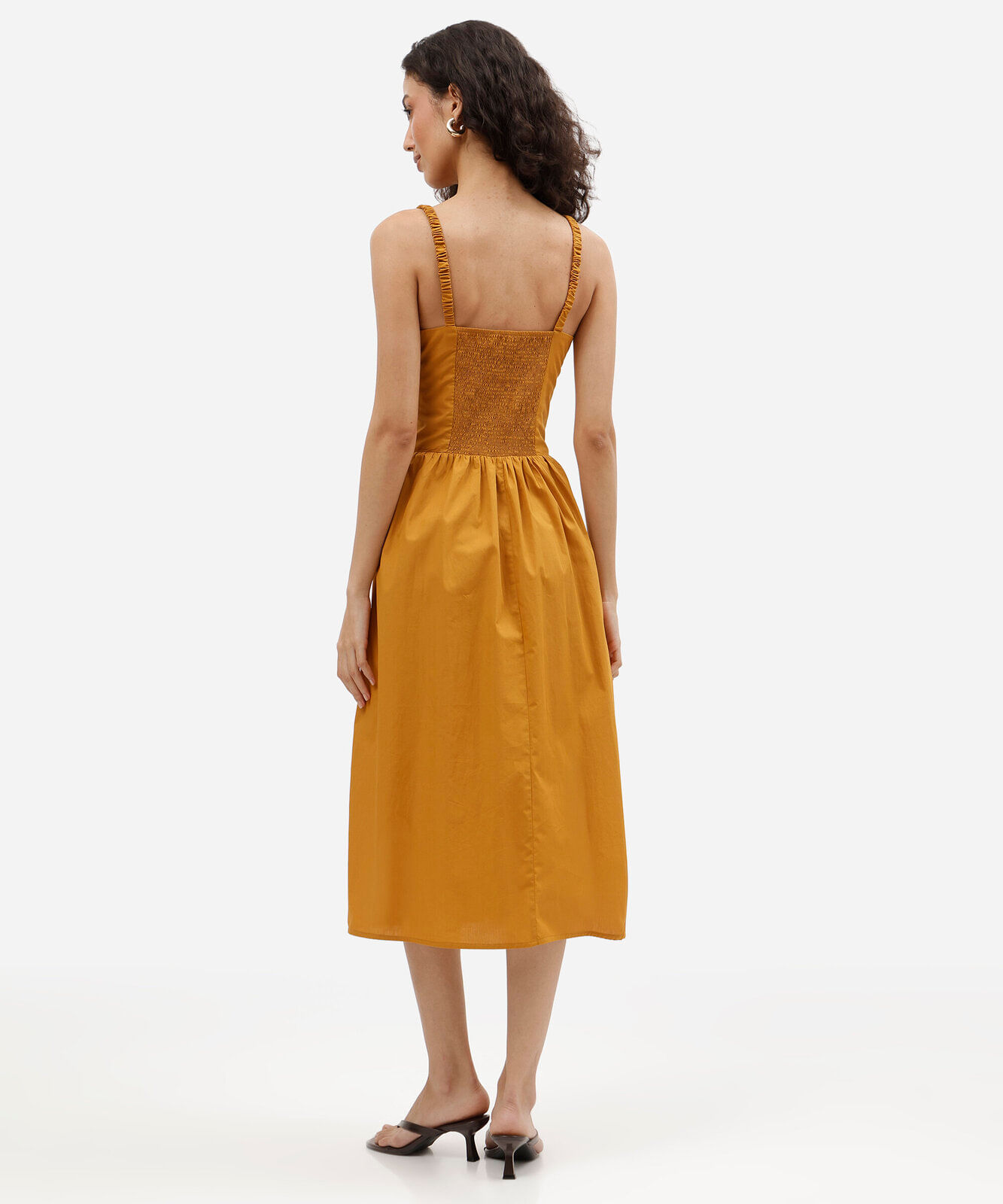 vestido midi feminino de algodão franzido amarelo