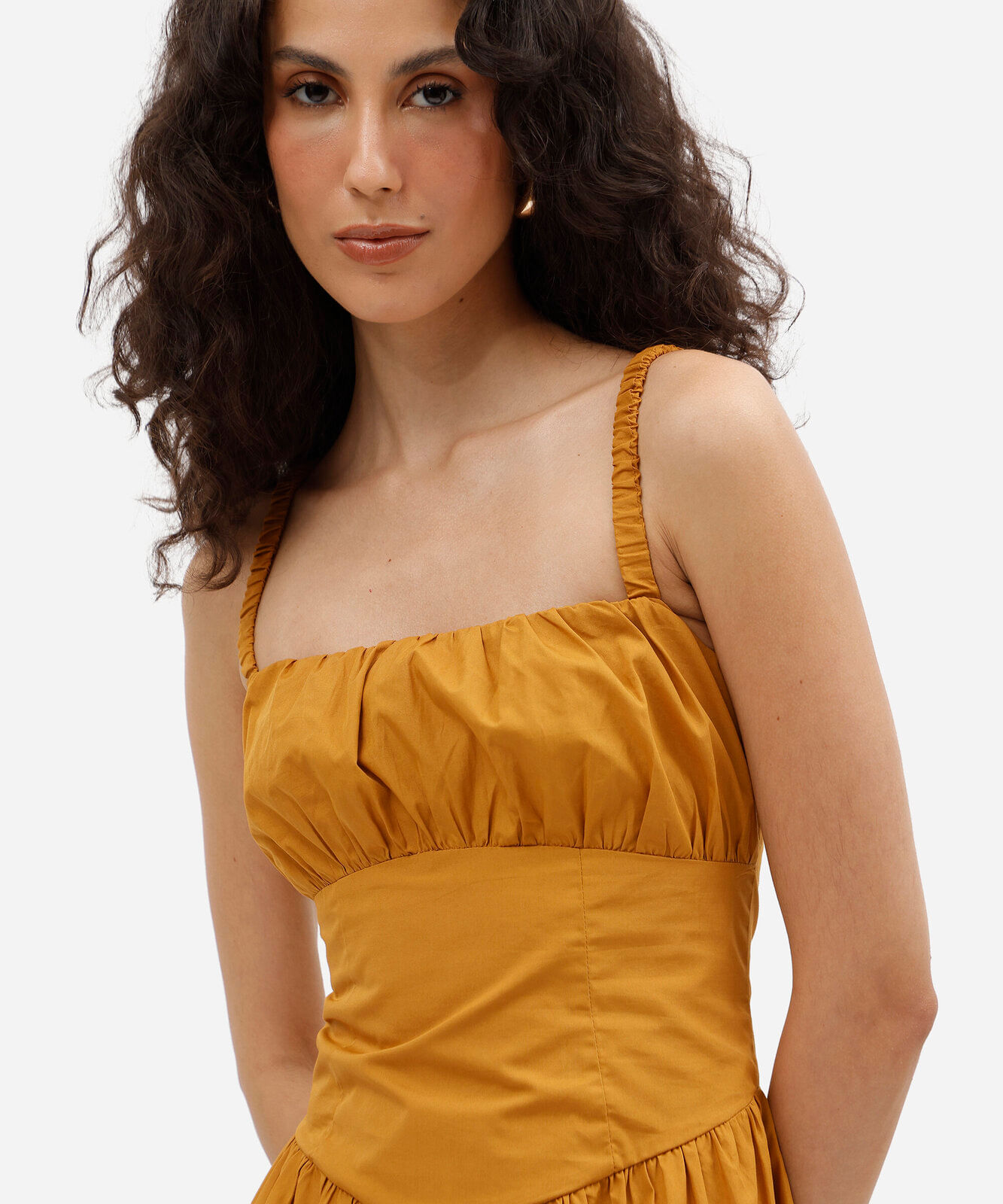 vestido midi feminino de algodão franzido amarelo