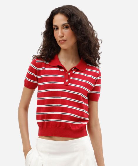 polo feminina de tricot manga curta listrada vermelha
