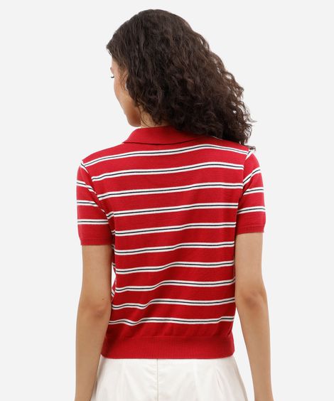 polo feminina de tricot manga curta listrada vermelha