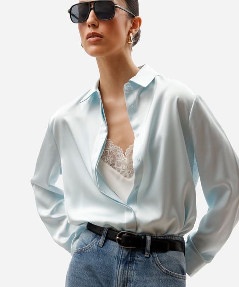 camisa feminina acetinada oversized azul