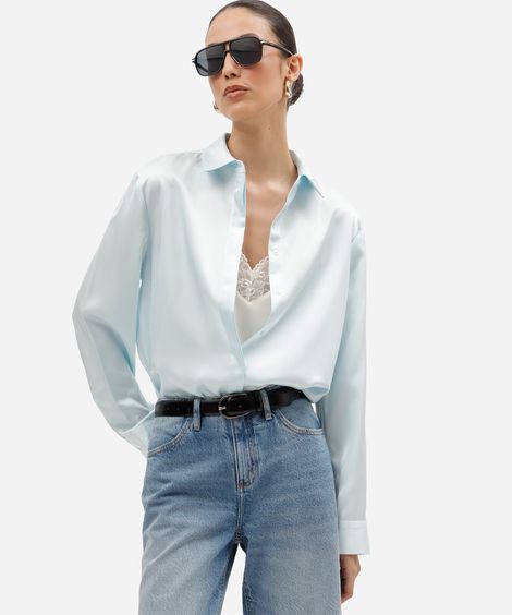 camisa feminina acetinada oversized azul