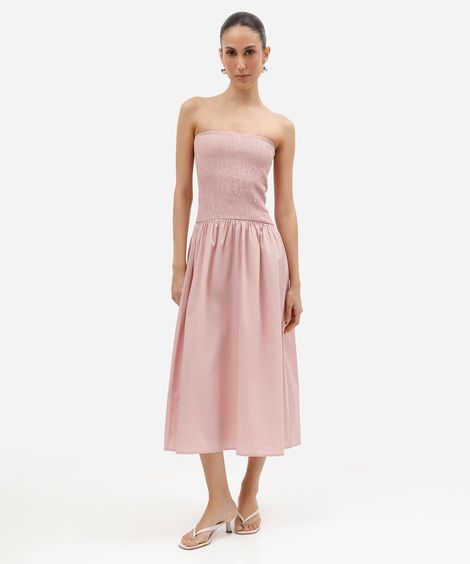 vestido midi feminino de algodão sem alça franzido rosa