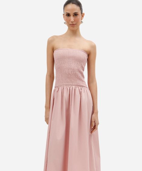 vestido midi feminino de algodão sem alça franzido rosa