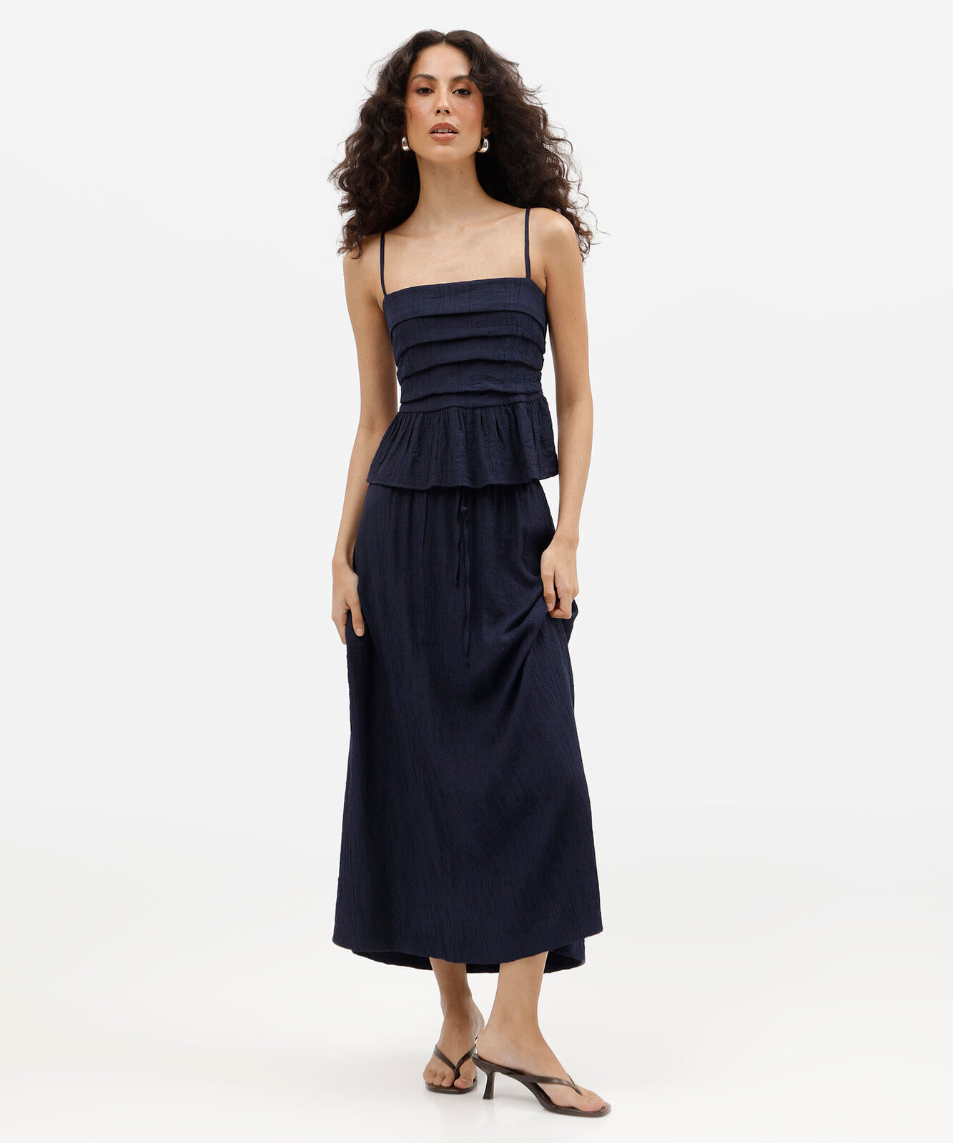 saia midi feminina com viscose cós elástico texturizada azul