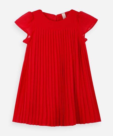 vestido infantil manga curta plissado vermelho