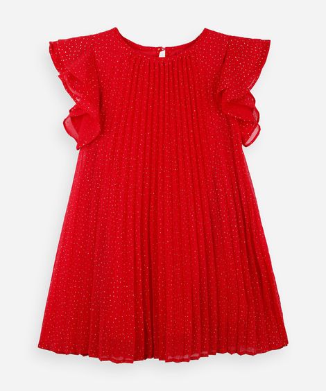 vestido infantil plissado poá com glitter vermelho