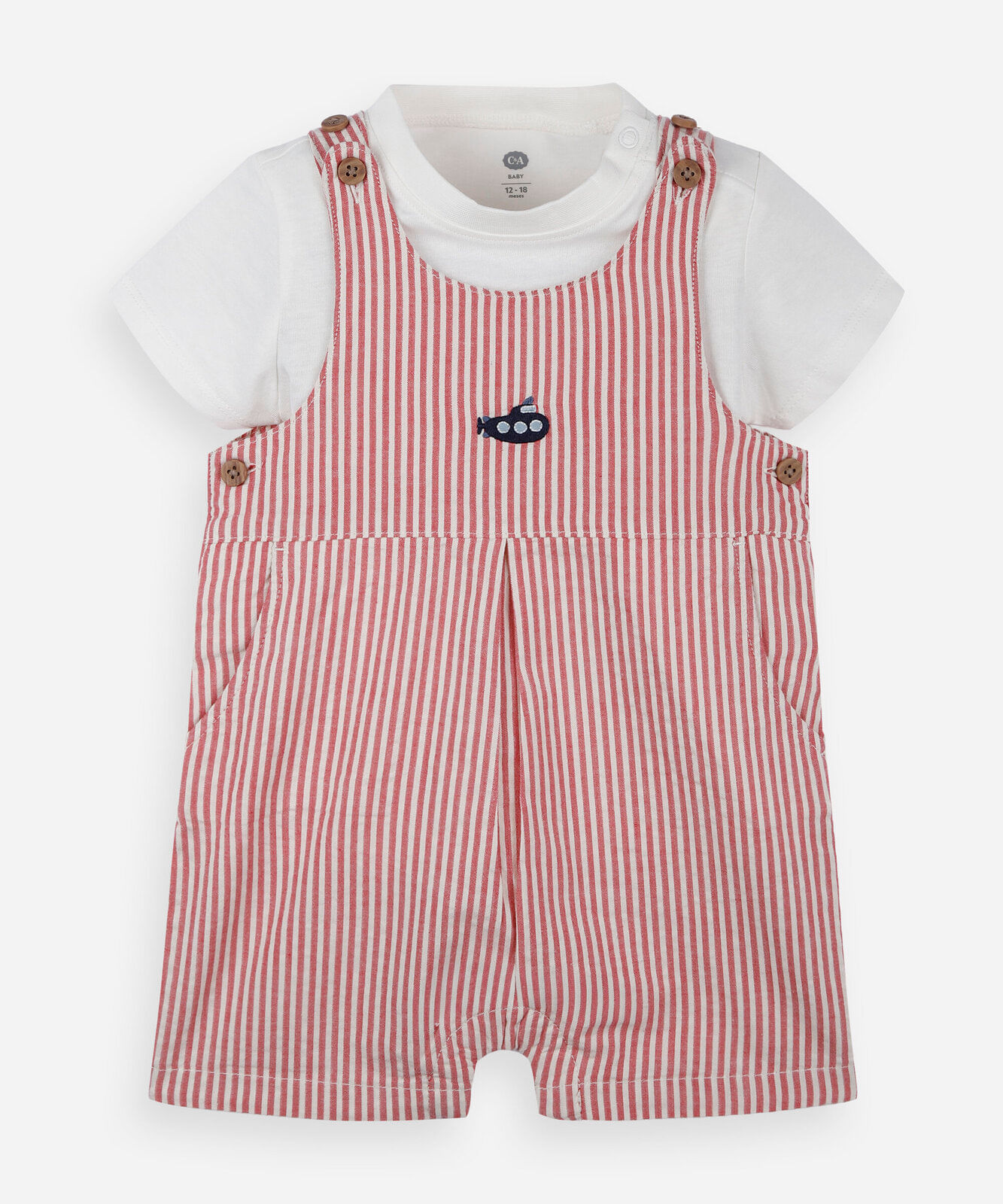 jardineira infantil de algodão listrada com camiseta vermelha