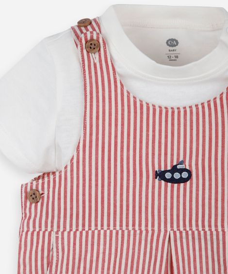 jardineira infantil de algodão listrada com camiseta vermelha