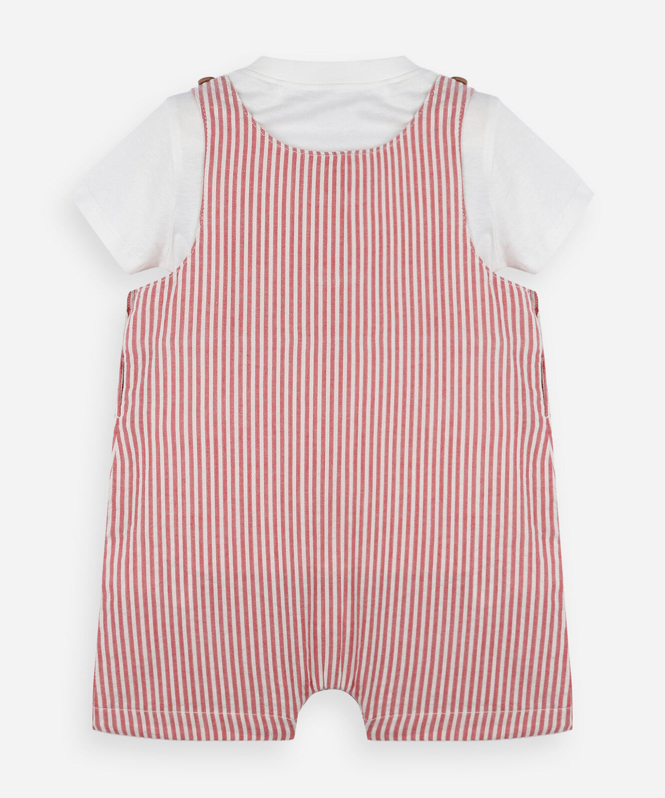 jardineira infantil de algodão listrada com camiseta vermelha