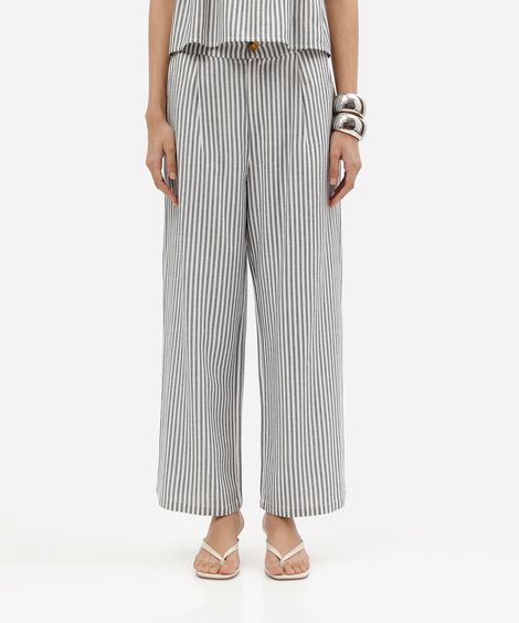 calça reta feminina com linho e pregas listrada azul