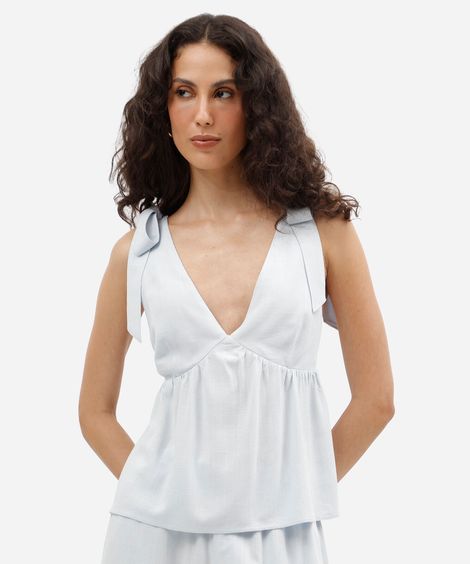 blusa feminina com linho e amarração decote v azul