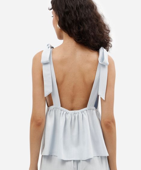 blusa feminina com linho e amarração decote v azul