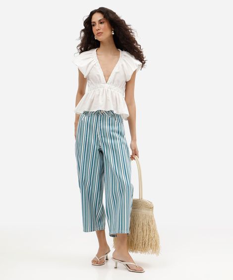 calça balloon cropped feminina de sarja cintura média listrada azul