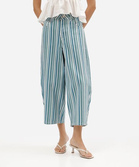 calça balloon cropped feminina de sarja cintura média listrada azul