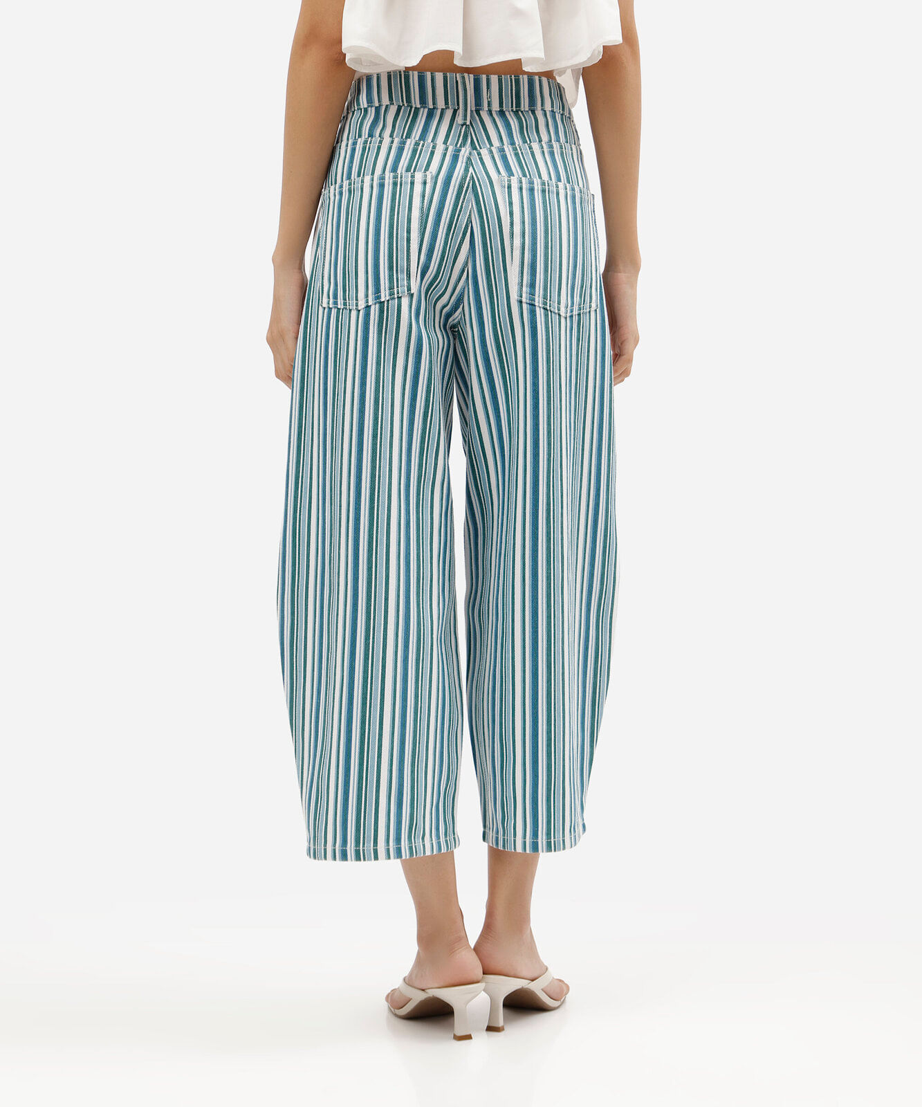 calça balloon cropped feminina de sarja cintura média listrada azul