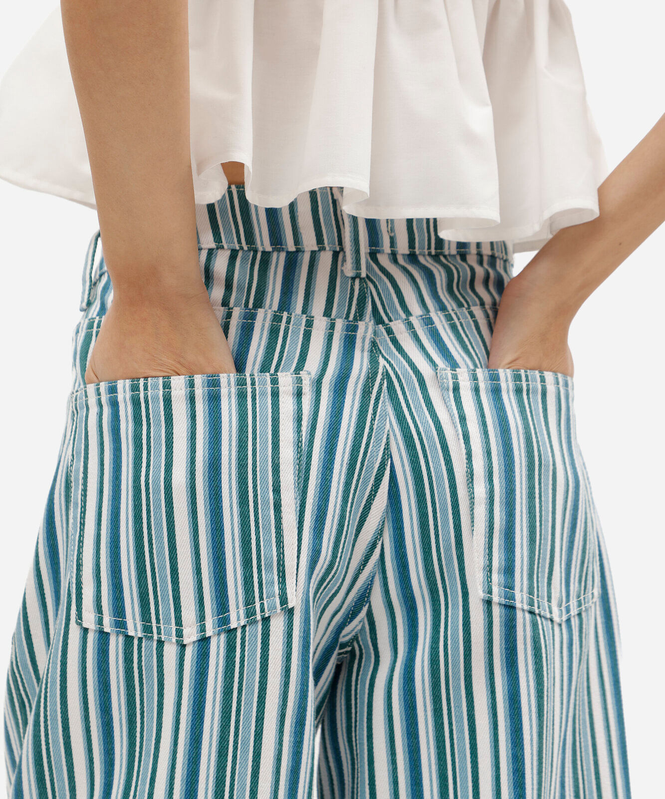 calça balloon cropped feminina de sarja cintura média listrada azul