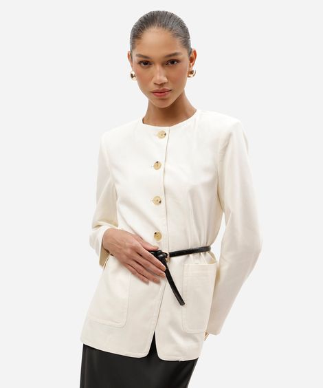 blazer feminino com linho decote redondo bege