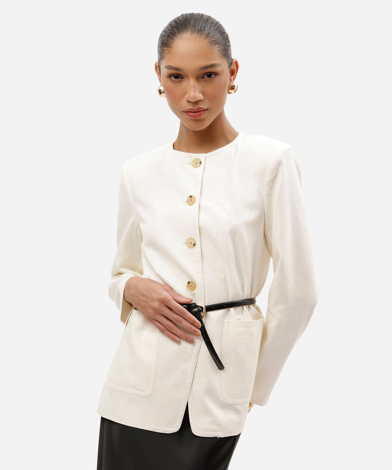blazer feminino com linho decote redondo bege