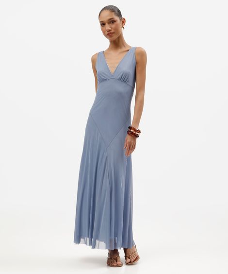 vestido longo feminino de tule decote v com recortes azul