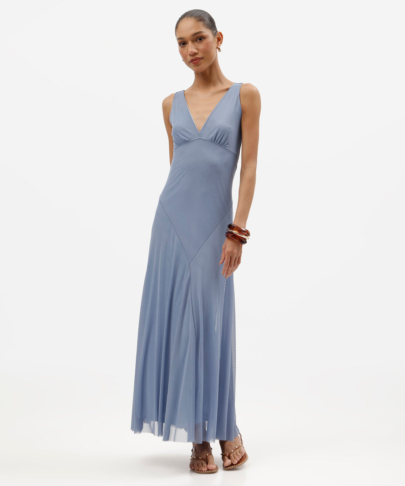 vestido longo feminino de tule decote v com recortes azul