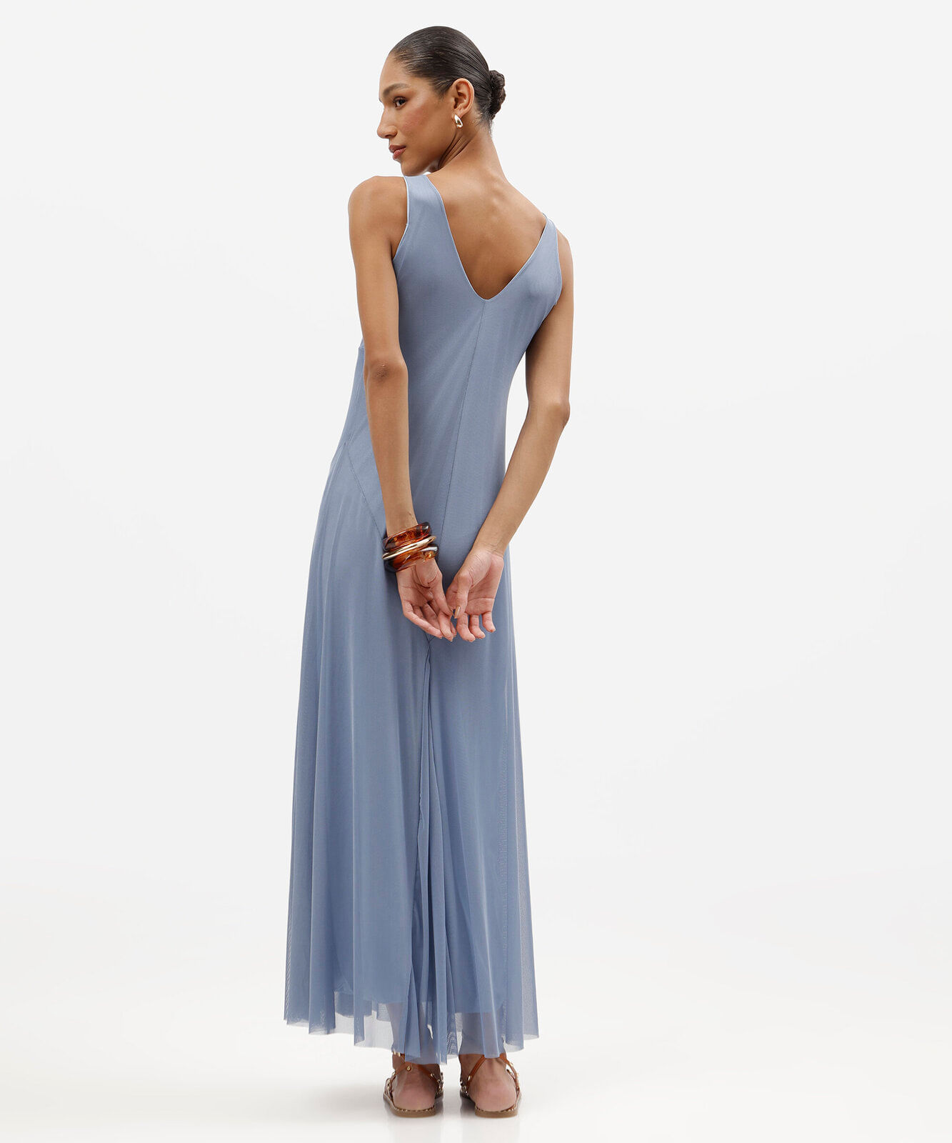 vestido longo feminino de tule decote v com recortes azul