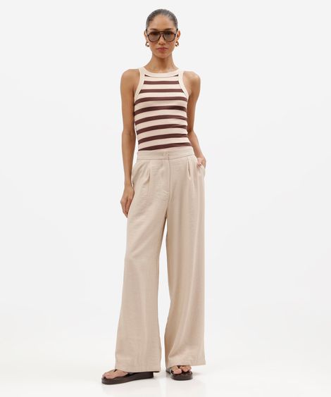 calça wide leg feminina com viscose cintura alta bege