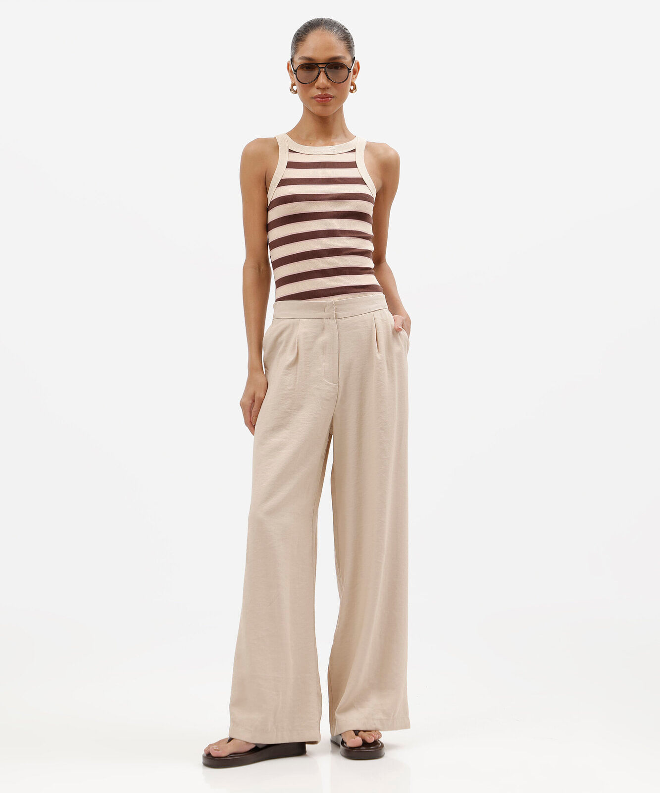 calça wide leg feminina com viscose cintura alta bege