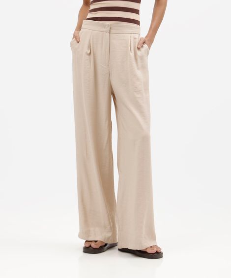calça wide leg feminina com viscose cintura alta bege
