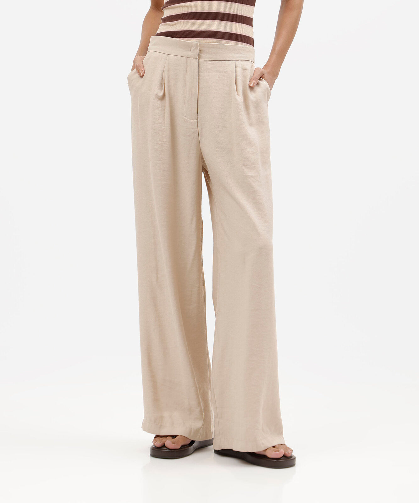 calça wide leg feminina com viscose cintura alta bege