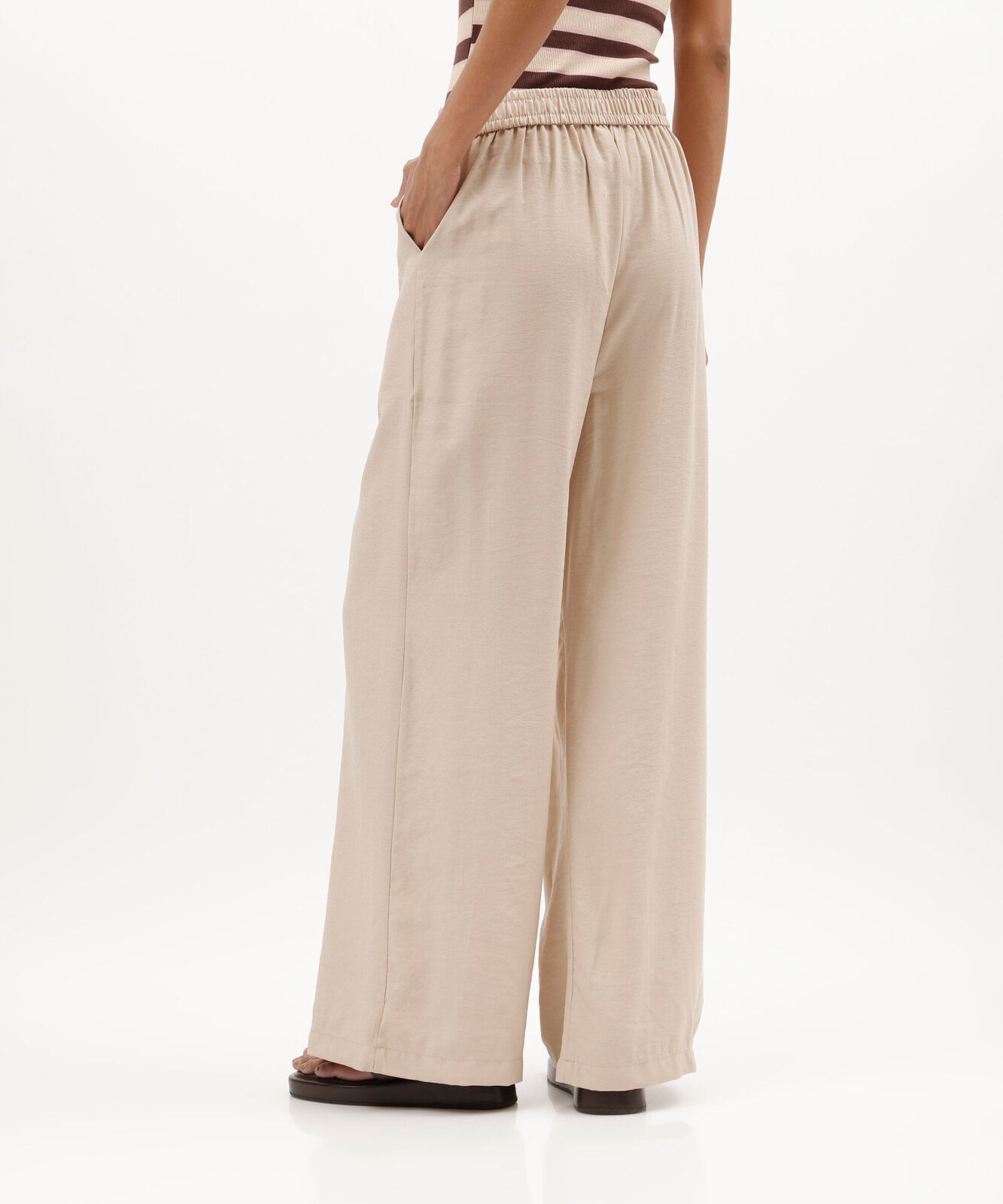 calça wide leg feminina com viscose cintura alta bege