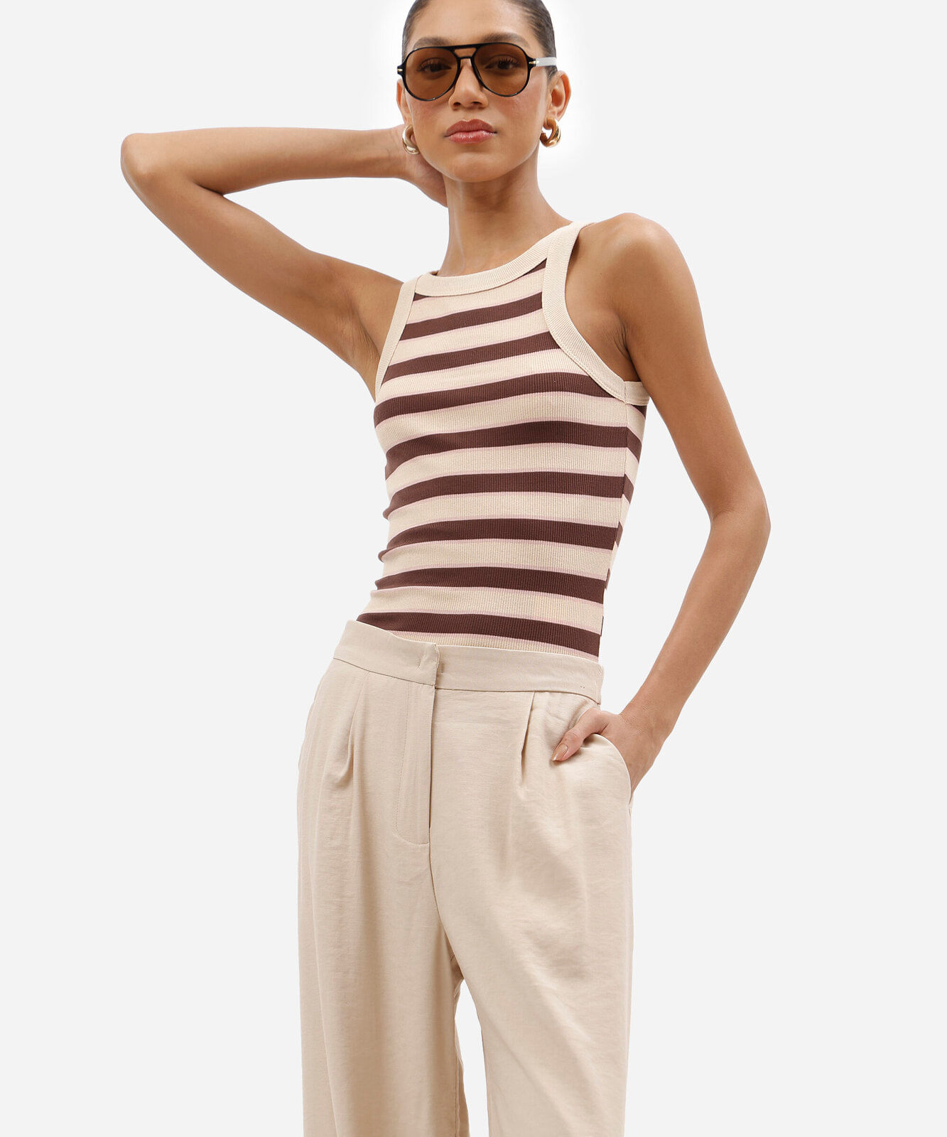 calça wide leg feminina com viscose cintura alta bege
