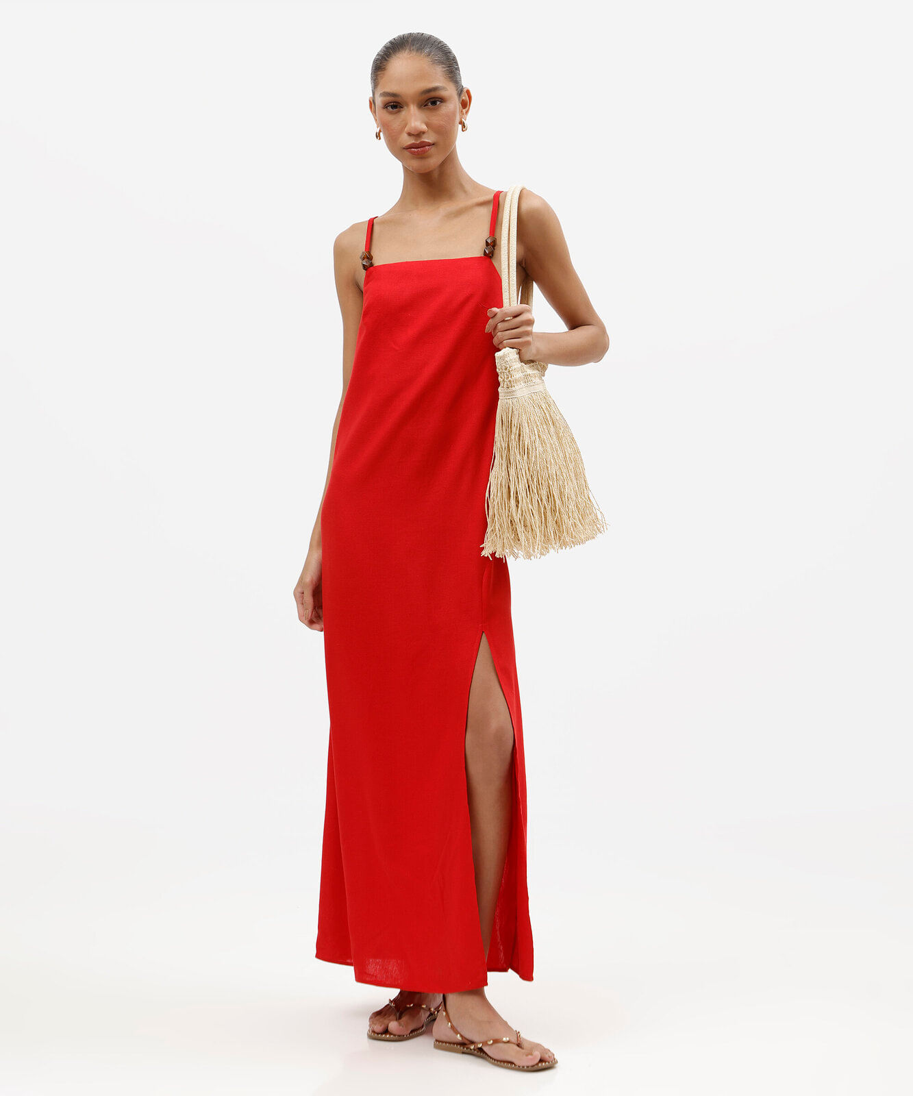 vestido longo feminino com linho e fenda vermelha