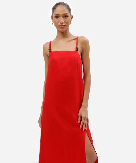 vestido longo feminino com linho e fenda vermelha