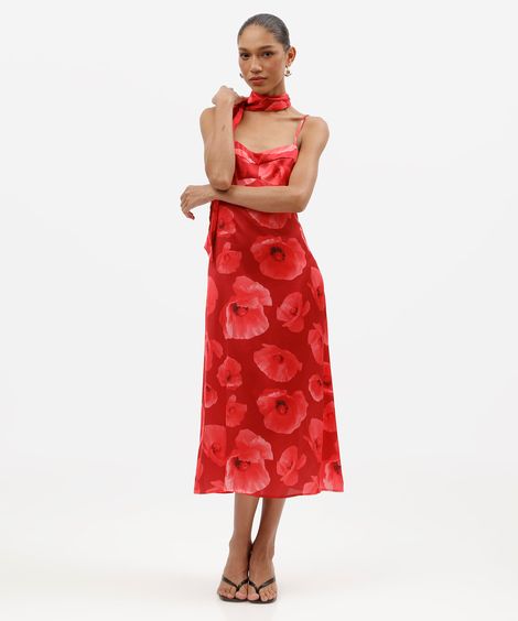 vestido midi feminino floral acetinado com lenço vermelho