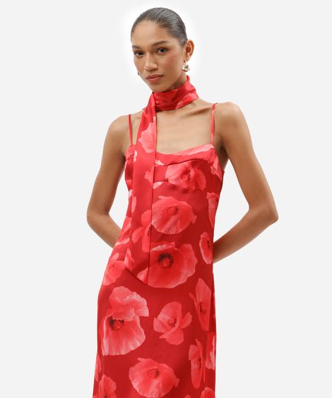 vestido midi feminino floral acetinado com lenço vermelho