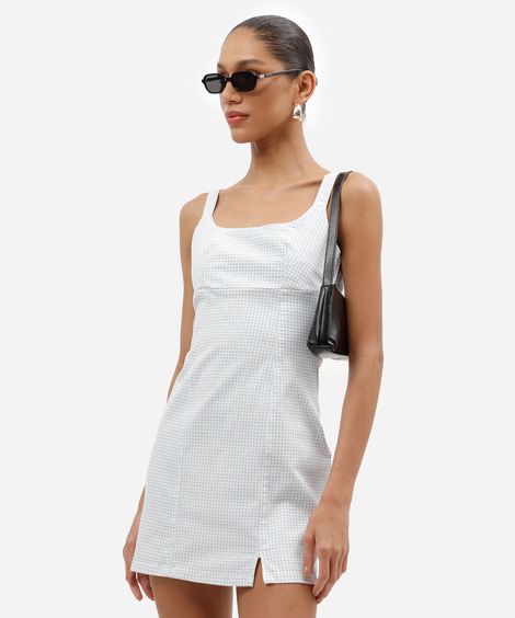vestido curto feminino de sarja com fenda xadrez azul