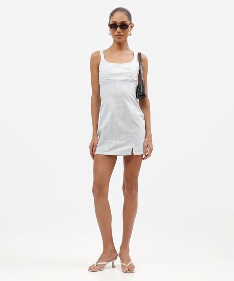vestido curto feminino de sarja com fenda xadrez azul