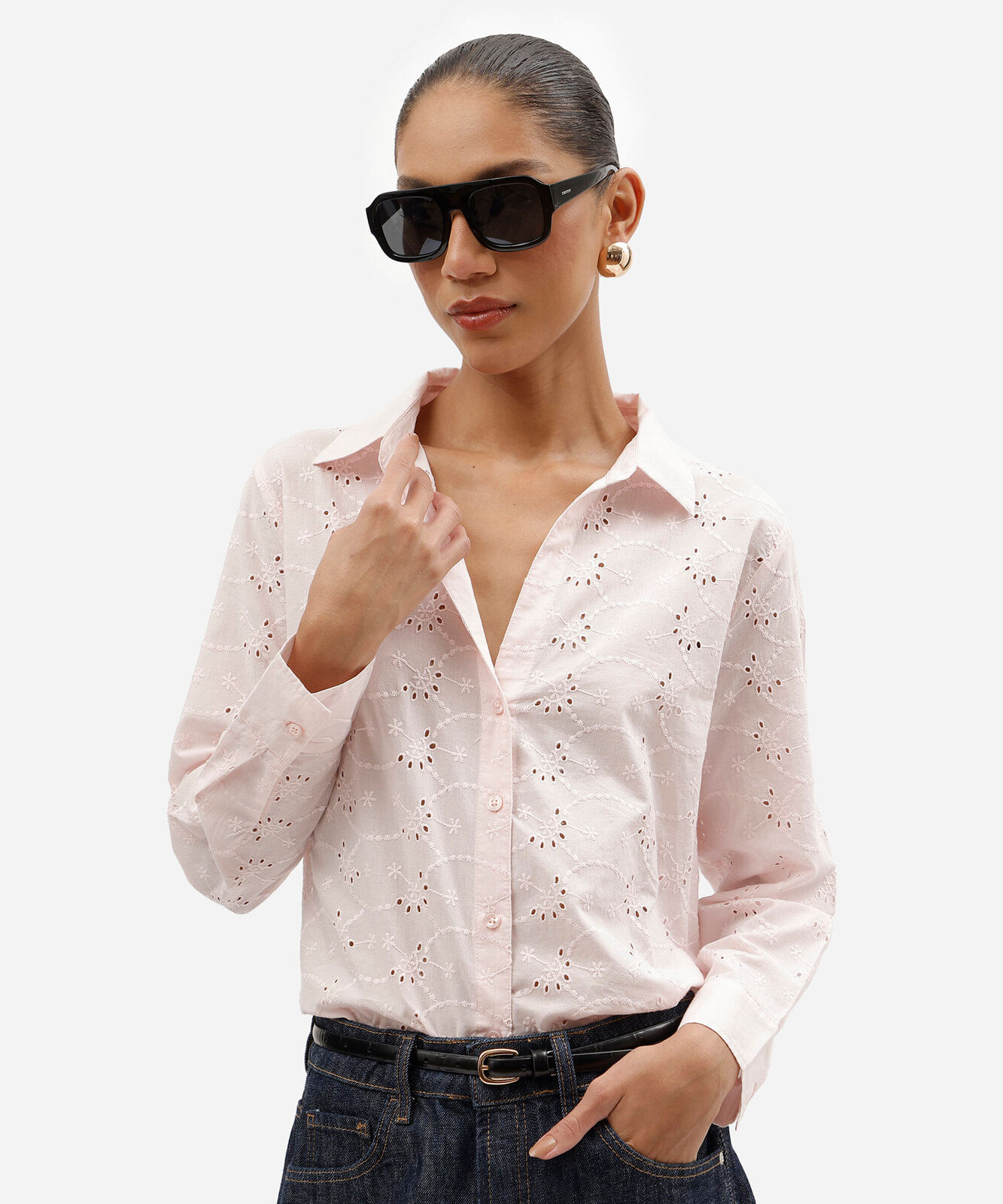 camisa feminina de laise manga longa rosa