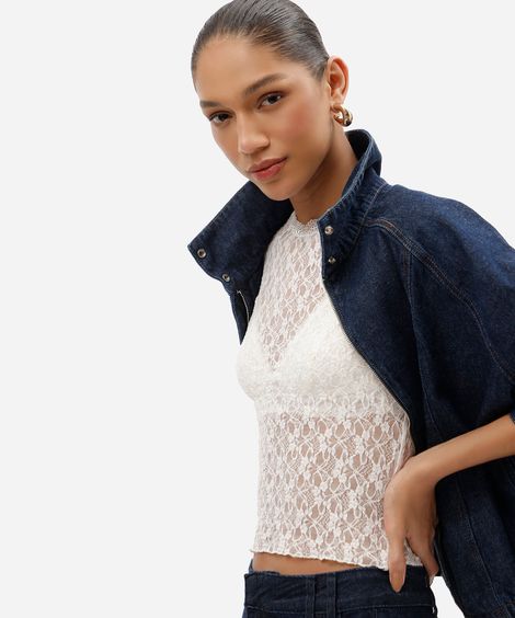 blusa feminina de renda manga curta floral off white
